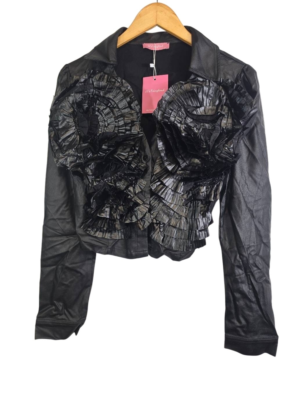 NWT JJ’s Fairyland Black Faux Leather Ruffle Front Jacket – Size M